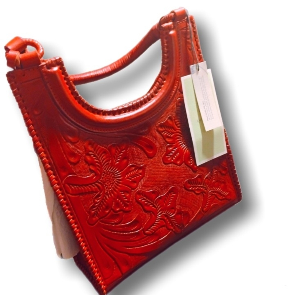 Red Floral Tooled Leather Shoulder Bag By Anabaglish Brand New With Tags